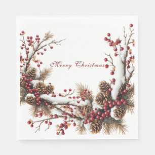 Serviette En Papier Joyeux Noël Baies Rouges Cônes de Pin Neige