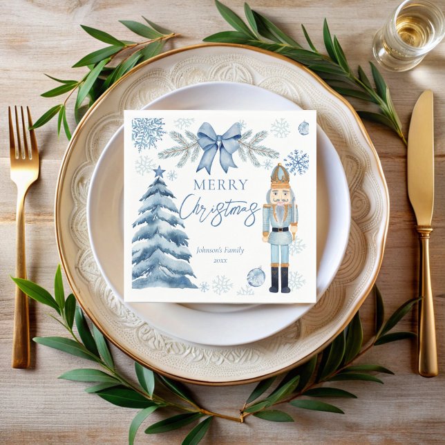 Serviette En Papier Joyeux Noël bleu arc noir (Merry Christmas silver blue bow Nutcracker personalized Napkins customized Christmas table decor)