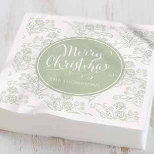Serviette En Papier Joyeux Noël Botanique Élégant Vert Floral