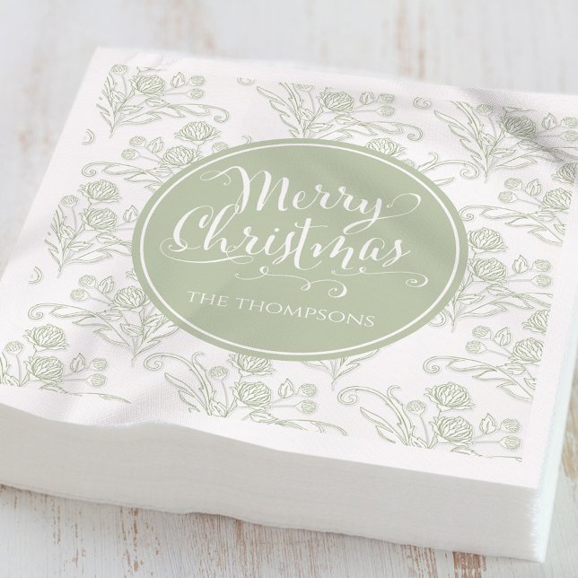 Serviette En Papier Joyeux Noël Botanique Élégant Vert Floral (Elegant sage green botanical Merry Christmas personalized holiday cocktail napkin.)