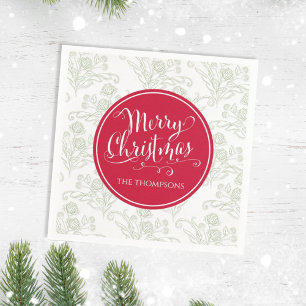 Serviette En Papier Joyeux Noël Botanique Élégant Vert Floral