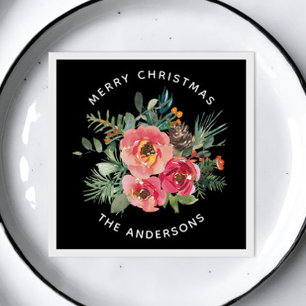 Serviette En Papier Joyeux Noël. Branche de pin floral noir