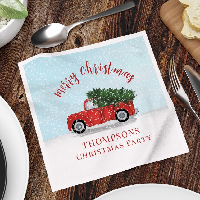 Serviette En Papier Joyeux Noël Calligraphie Cute Russe Camion Rouge (Merry Christmas Vintage red Truck Holiday Custom Napkins.)