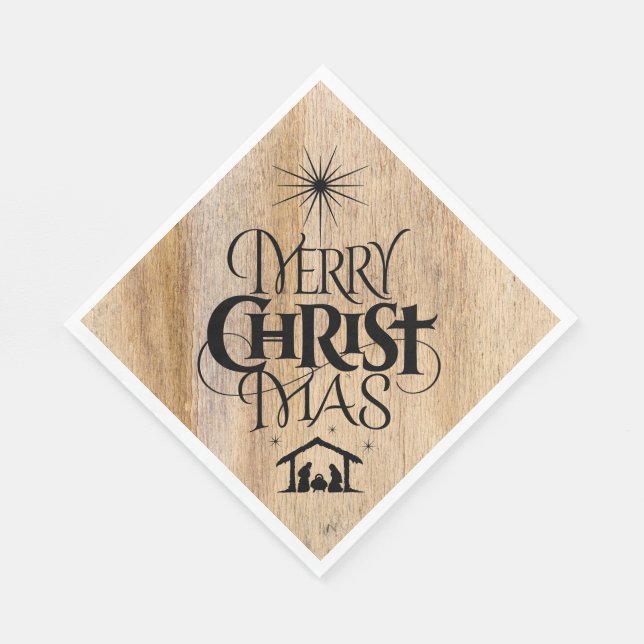 Serviette En Papier Joyeux Noël Calligraphie religieuse Bois rustique (Coin)