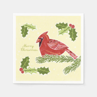 Serviette En Papier Joyeux Noël Cardinal Bird sur Branche avec Holly