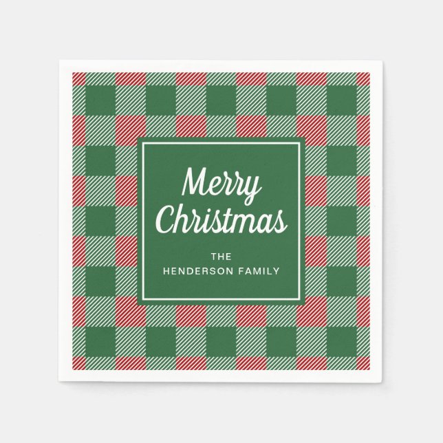 Serviette En Papier Joyeux Noël Carreaux Vert Rustique (Devant)