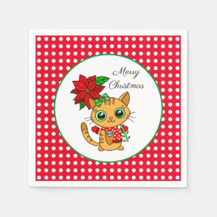 Serviette En Papier Joyeux Noël Chat orange avec Poinsettia
