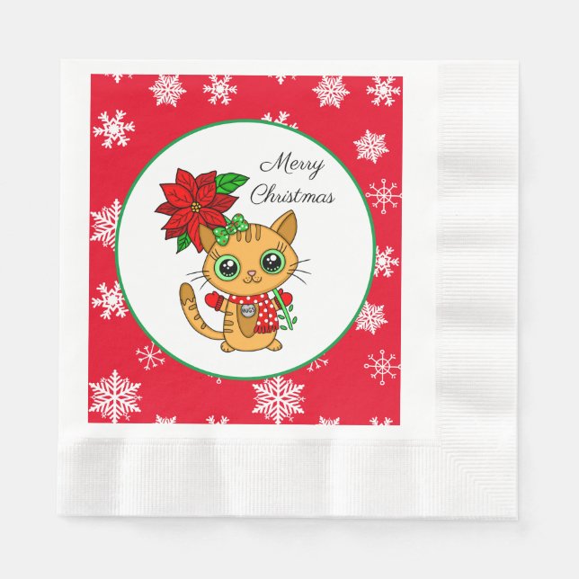 Serviette En Papier Joyeux Noël | Chat orange avec Poinsettia (Devant)