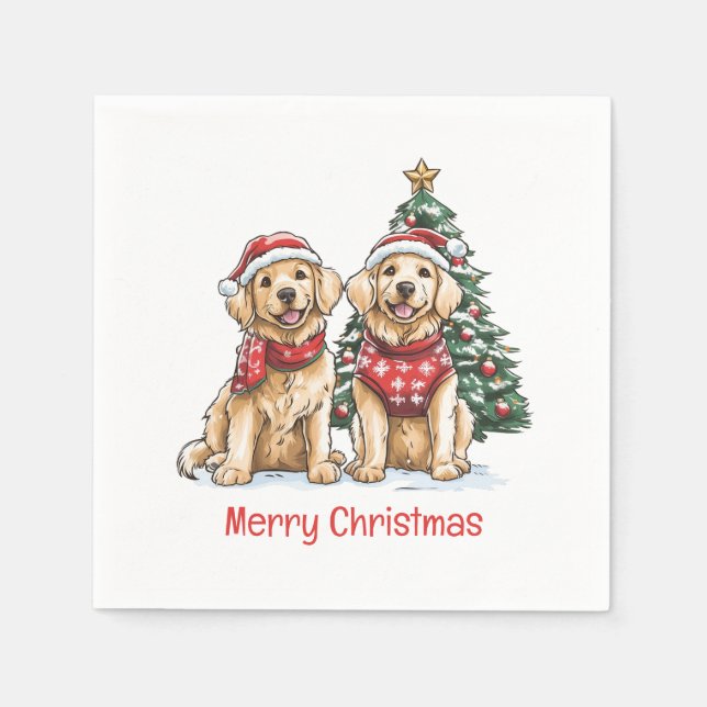 Serviette En Papier Joyeux Noël Chiens Retriever dorés (Devant)