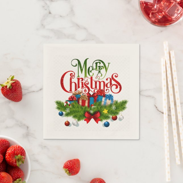 Serviette En Papier Joyeux Noël, conception colorée, (En situation)