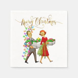 Serviette En Papier Joyeux Noël couple vintage Noël des années 50