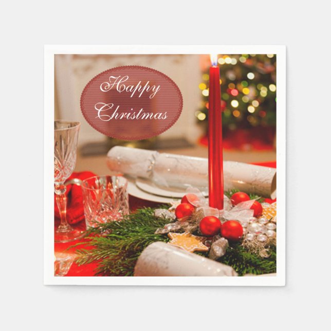 Serviette En Papier "Joyeux Noël" Crackers et bougies de Noël (Devant)
