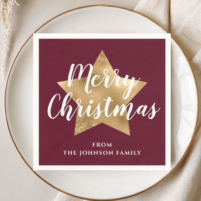 Serviette En Papier Joyeux Noël étoile dorée moderne Bourgogne (Modern Burgundy Gold Star Merry Christmas Napkins)