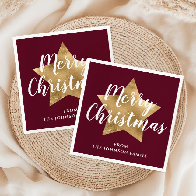 Serviette En Papier Joyeux Noël étoile dorée moderne Bourgogne (Modern Burgundy Gold Star Merry Christmas Napkins)