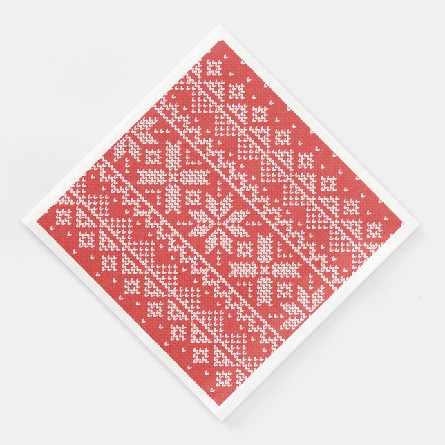 Serviette En Papier Joyeux Noël Fair Isle Snowflakes Blanc & Rouge (Coin)