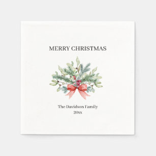 Serviette En Papier Joyeux Noël Famille Aquarelle Verdure