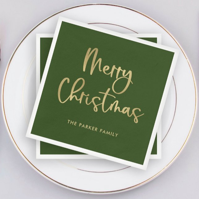 Serviette En Papier Joyeux Noël | Faux Gold sur Green Décontracté Scri (Elegant green Christmas napkins with faux gold script)