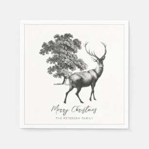 Serviette En Papier Joyeux Noël Festif Elégant Cerf Blanc Noir
