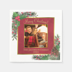 Serviette En Papier Joyeux Noël Festif Holly Berries & Pine Photo