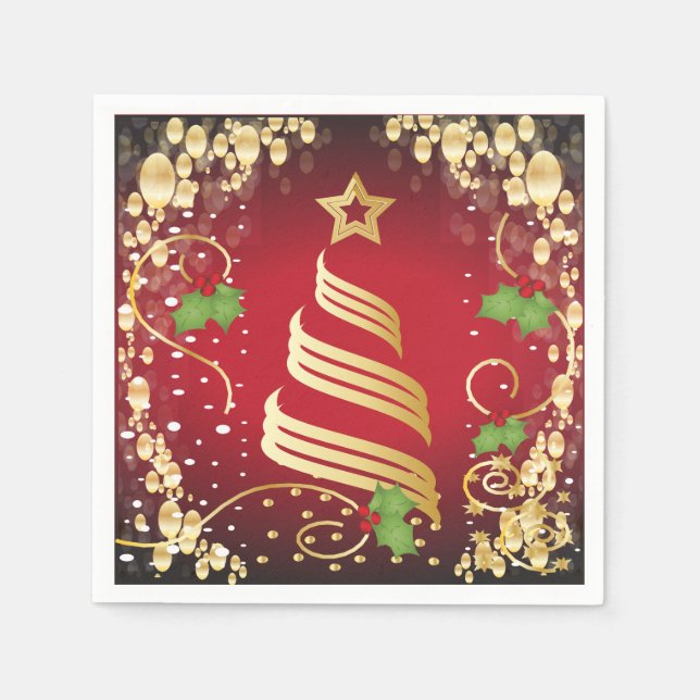 Serviette En Papier Joyeux Noël Festif Rouge et Or brillant (Devant)