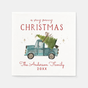 Serviette En Papier Joyeux Noël   Fête de camion bleu à l'aquarelle