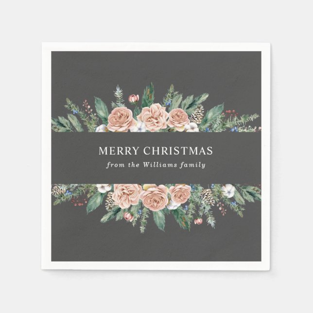 Serviette En Papier Joyeux Noël Floral Moderne d'Hiver (Devant)