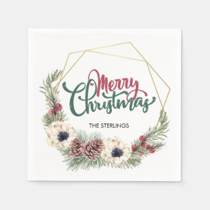 Serviette En Papier Joyeux Noël Floral Pine Cône Holly Gold Frame