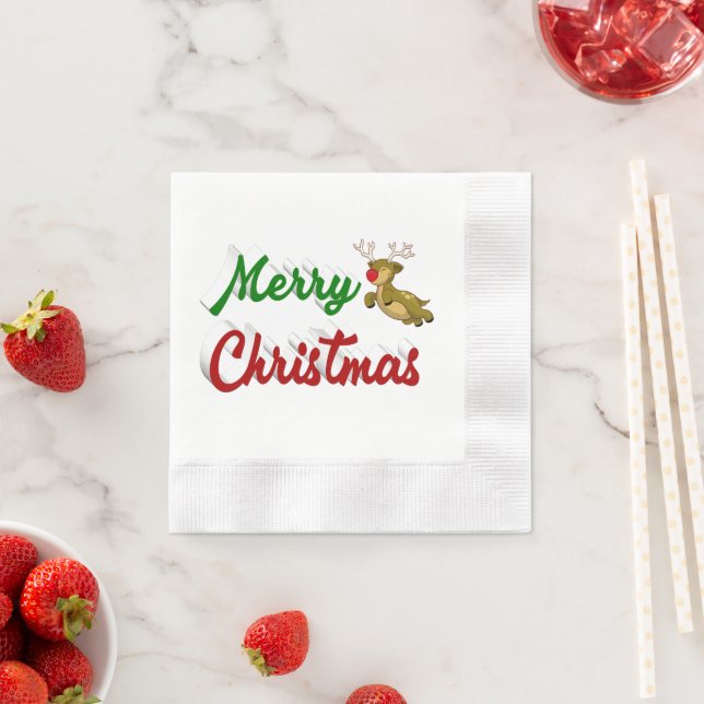 Serviette En Papier Joyeux Noël Flying Reindeer rouge vert script (En situation)