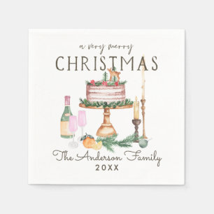 Serviette En Papier Joyeux Noël Gâteau et champagne aquarelle