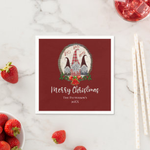 Serviette En Papier Joyeux Noël Gnomes Rouge, Rustique, Carreaux, Tend