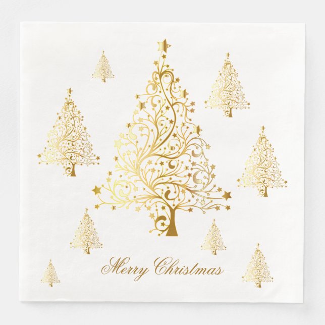Serviette En Papier Joyeux Noël Gold Arbres de Noël (Devant)