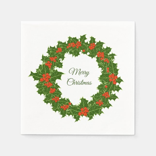 Serviette En Papier Joyeux Noël Holly Wreath (Devant)