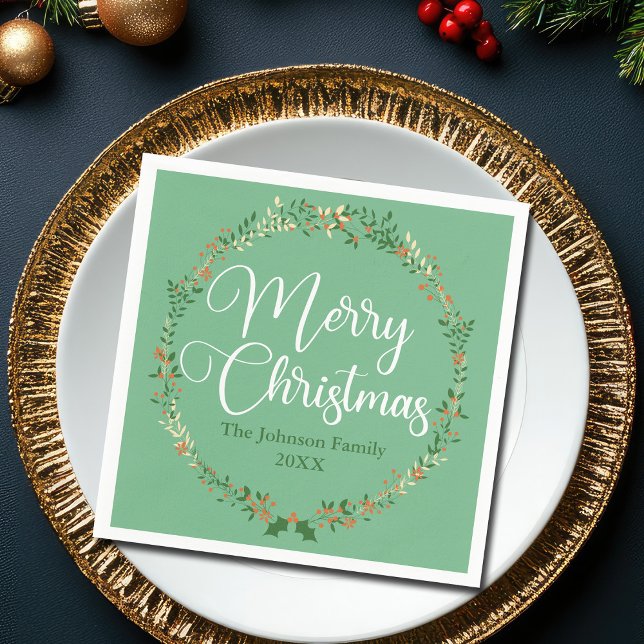 Serviette En Papier Joyeux Noël Joli Green Wreath fête personnalisée (Créateur téléchargé)