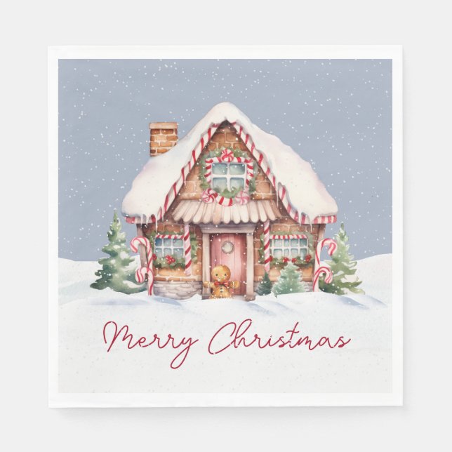 Serviette En Papier Joyeux Noël Maison en pain d'épices (Devant)