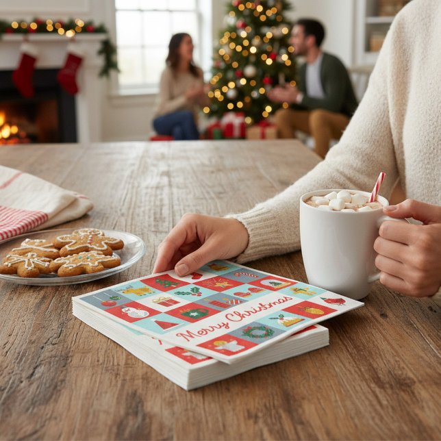 Serviette En Papier Joyeux Noël mignon Rétro hiver Icônes de Noël (Créateur téléchargé)