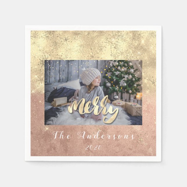 Serviette En Papier Joyeux Noël Nom Gold Parties scintillant Photo Ros (Devant)