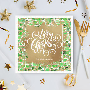 Serviette En Papier Joyeux Noël or sur Vert