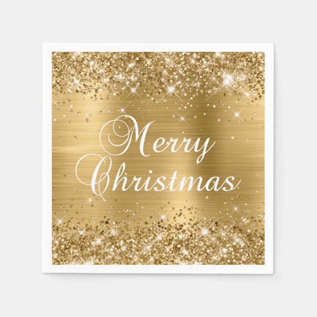 Serviette En Papier Joyeux Noël pailleté or feuille (Devant)