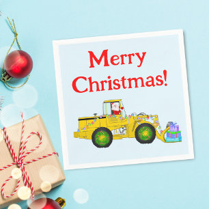 Serviette En Papier Joyeux Noël Père Noël en bulldozer livrant un cade