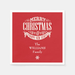 Serviette En Papier Joyeux Noël personnalisé en rouge avec nom de fami