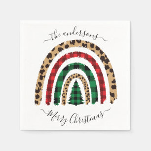 Serviette En Papier Joyeux Noël Plaid et Empreinte de léopard Rainbow