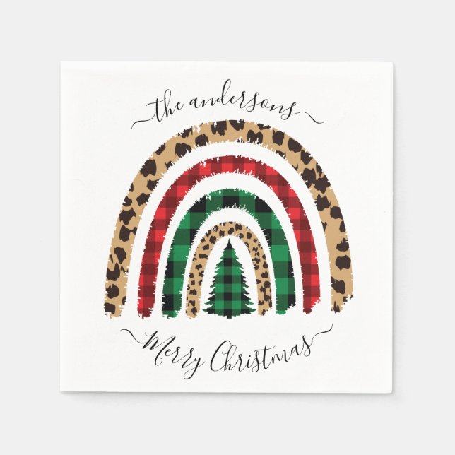 Serviette En Papier Joyeux Noël Plaid et Empreinte de léopard Rainbow (Devant)