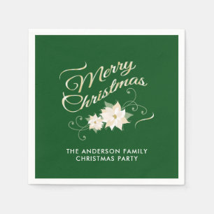 Serviette En Papier Joyeux Noël & Poinsettias blanches sur fond vert