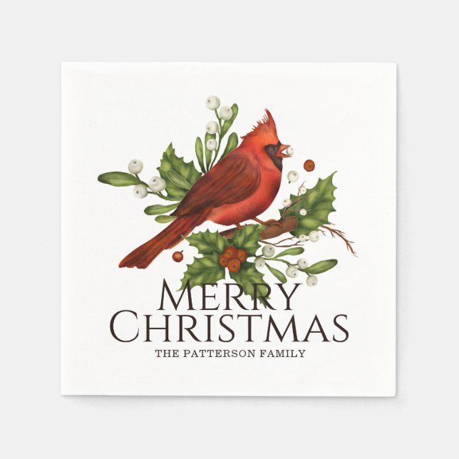 Serviette En Papier Joyeux Noël Red Cardinal Holly Personnalisé (Devant)