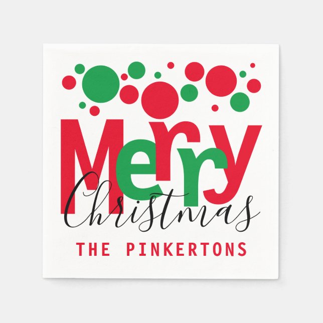 Serviette En Papier Joyeux Noël Red Green Dots Typographie Monogramme (Devant)