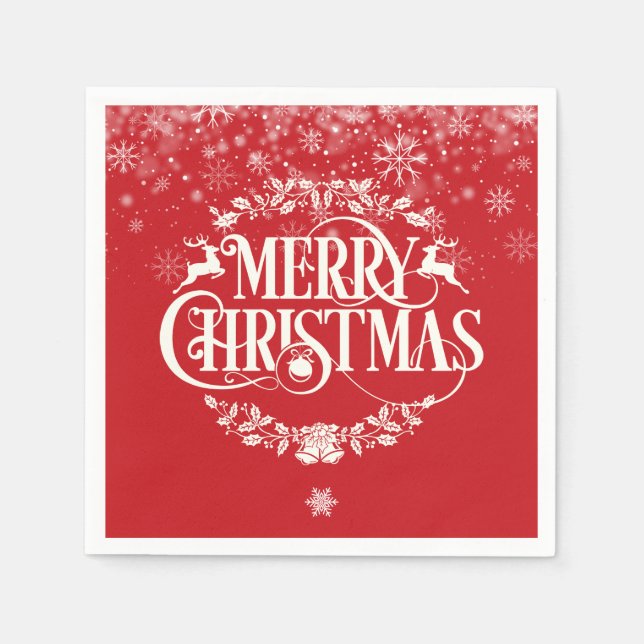 Serviette En Papier Joyeux Noël Renne Holly Flocons de neige (Devant)