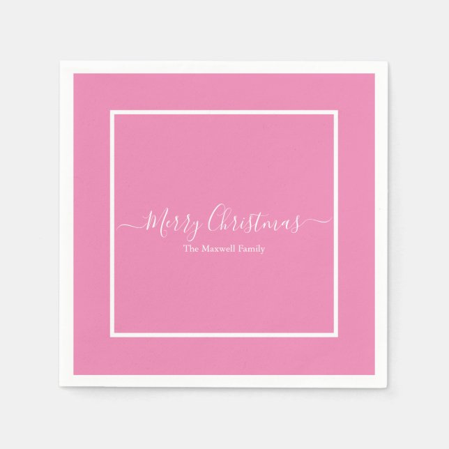 Serviette En Papier Joyeux Noël rose blanc nom de famille (Devant)