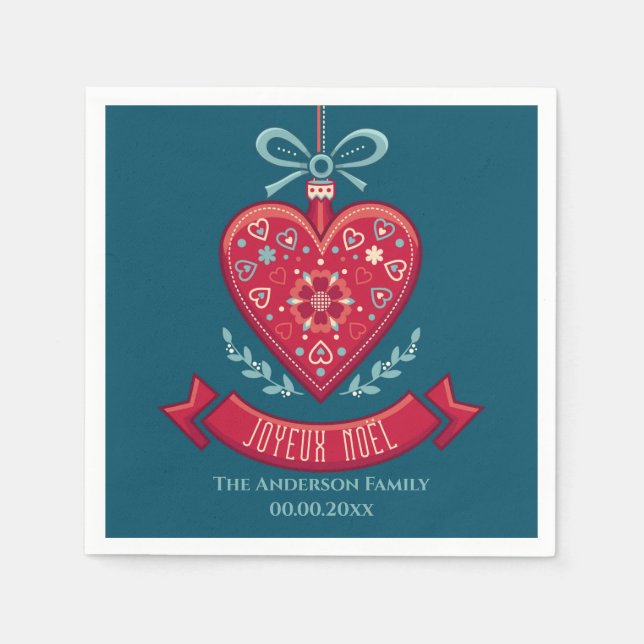 Serviette En Papier Joyeux Noel rouge coeur décoration nom de famille (Devant)