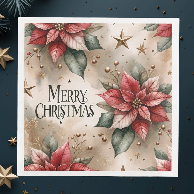 Serviette En Papier Joyeux Noël, Rouge et Or Poinsettia (Créateur téléchargé)