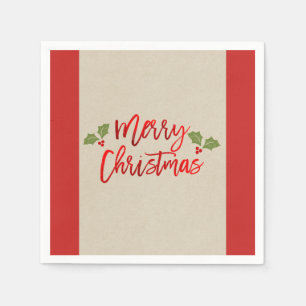 Serviette En Papier Joyeux Noël Rouge Faux Feuille Moderne Écriture Kr